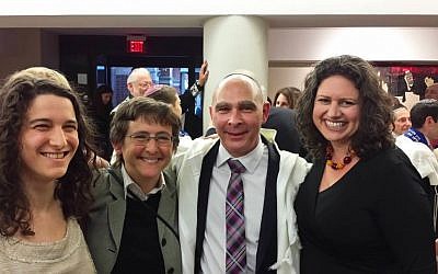 Rabbi Mikie Goldstein is flanked at his ordination by (L-R): Ruhi Sophia Rubenstein, a fellow rabbinical intern at CBST; Rabbi Sharon Kleinbaum, senior rabbi of CBST; and Rabbi Rachel Weiss, assistant rabbi at CBST. (photo credit: Courtesy Mikie Goldstein)