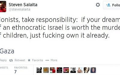 Screenshot of a tweet Steven Salaita later deleted. 