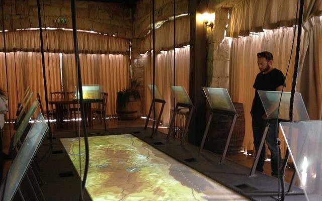 An oversized map of greater Israel serves as one of the activities in the Psagot visitor's center, where wine tasting isn't necessarily on the menu (photo credit: Jessica Steinberg/Times of Israel) An oversized map of greater Israel serves as one of the activities in the Psagot visitor's center, where wine tasting isn't necessarily on the menu (photo credit: Jessica Steinberg/Times of Israel)