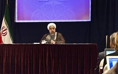 Iran's President Hassan Rouhani speaks at a press conference in New York, on Friday, September 26, 2014. (photo credit: AP/Bebeto Matthews)