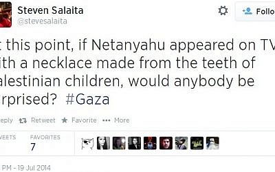 Screenshot of a tweet sent out by Steven Salaita, which he later took down.