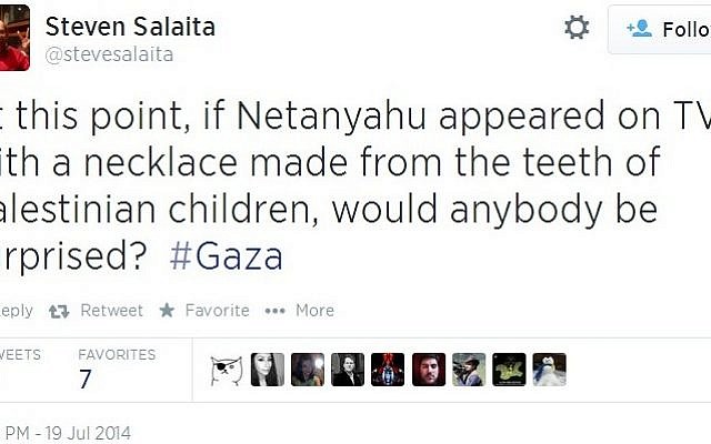 Screenshot of a tweet sent out by Steven Salaita, which he later took down.