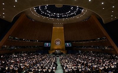 UN Secretary-General Ban Ki-moon speaks during the 69th Session of the UN General Assembly at the United Nations in New York on September 24, 2014. (photo credit: AFP PHOTO/Jewel Samad)