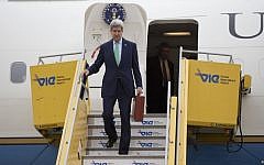US Secretary of State John Kerry arrives in Vienna, Austria, on October 15, 2014. (photo credit: AFP/CAROLYN KASTER)