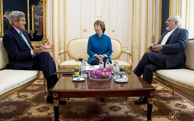 US Secretary of State John Kerry (L), European Union High Representative Catherine Ashton, and Iranian Foreign Minister Mohammad Javad Zarif are photographed as they participate in a trilateral meeting in Vienna, Austria, on October 15, 2014. (Photo credit: AFP/ POOL / CAROLYN KASTER) US Secretary of State John Kerry (L), European Union High Representative Catherine Ashton, and Iranian Foreign Minister Mohammad Javad Zarif are photographed as they participate in a trilateral meeting in Vienna, Austria, on October 15, 2014. (Photo credit: AFP/ POOL / CAROLYN KASTER)