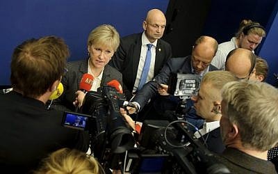 Sweden's Foreign Minister Margot Wallstrom answers journalists' questions on October 30, 2014 at the government building Rosenbad in Stockholm. (photo credit: AFP/TT NEWS AGENCY/ANNIKA AF KLERCKER)