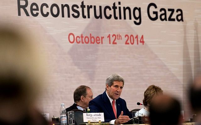 US Secretary of State John Kerry speaks during the opening session of the Gaza donor conference in Cairo on October 12, 2014, aimed at helping rebuild the Gaza Strip. (photo credit: AFP/Carolyn Kaster/Pool) US Secretary of State John Kerry speaks during the opening session of the Gaza donor conference in Cairo on October 12, 2014, aimed at helping rebuild the Gaza Strip. (photo credit: AFP/Carolyn Kaster/Pool)