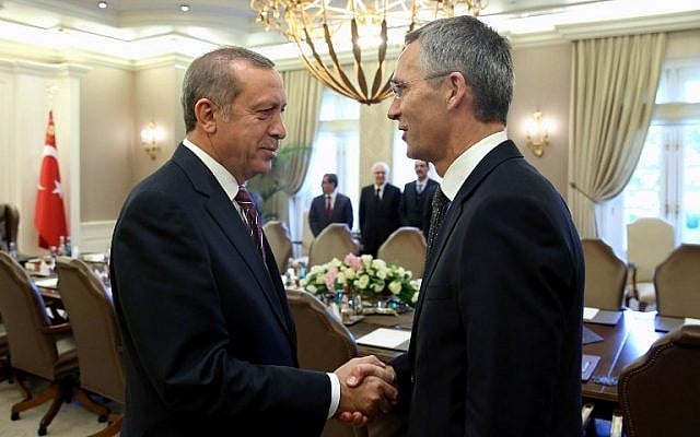 A handout released by the Turkish Presidential Press Office shows Turkish President Recep Tayyip Erdogan (left) welcoming NATO Secretary General Jens Stoltenberg before their meeting at Cankaya Presidential Palace in Ankara, Turkey, on October 9, 2014. (AFP/Kayhan Ozer / HO / Turkish Presidential Press Office) A handout released by the Turkish Presidential Press Office shows Turkish President Recep Tayyip Erdogan (left) welcoming NATO Secretary General Jens Stoltenberg before their meeting at Cankaya Presidential Palace in Ankara, Turkey, on October 9, 2014. (AFP/Kayhan Ozer / HO / Turkish Presidential Press Office)