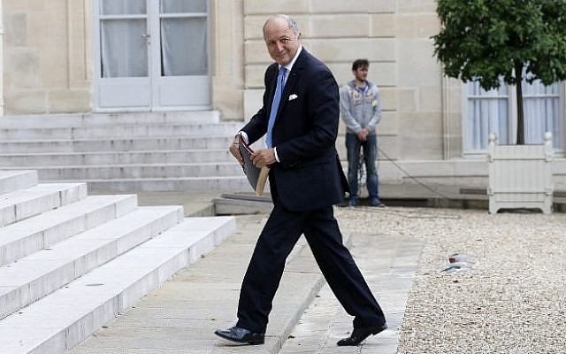 French Foreign Minister Laurent Fabius, arrives at the Elysee palace to attend a meeting on October 13, 2014, in Paris. (photo credit: AFP/THOMAS SAMSON)