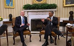 US President Barack Obama, right, speaks with Prime Minister Benjamin Netanyahu during a bilateral meeting at the White House in Washington, DC, October 1, 2014 (photo credit: AFP/ Jim WATSON)