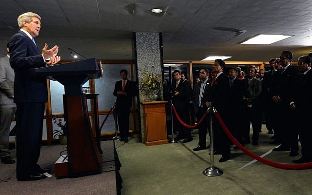 US Secretary of State John Kerry speaks during an Eid reception to mark the end of the annual Hajj pilgrimage on October 16, 2014, at the State Department in Washington, DC (photo credit: State Department/Flickr)