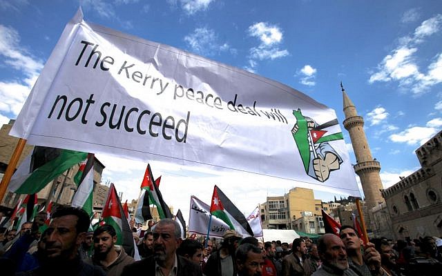 Protesters affiliated with Jordan's Muslim Brotherhood chant anti-Israel and anti-America slogans during a demonstration in downtown Amman, Jordan, Friday, Feb. 14, 2014 (photo credit: AP/Mohammad Hannon) Protesters affiliated with Jordan's Muslim Brotherhood chant anti-Israel and anti-America slogans during a demonstration in downtown Amman, Jordan, Friday, Feb. 14, 2014 (photo credit: AP/Mohammad Hannon)