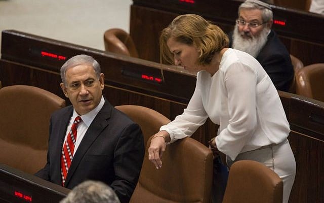 Benjamin Netanyahu speaks with Tzipi Livni during a plenum session in the Knesset in June 2014. (Photo credit: Flash90) Benjamin Netanyahu speaks with Tzipi Livni during a plenum session in the Knesset in June 2014. (Photo credit: Flash90)