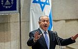 Prime Minister Benjamin Netanyahu addresses the Israeli parliament during the opening of the winter session on October 27, 2014. (photo credit: Yonatan Sindel/Flash90)