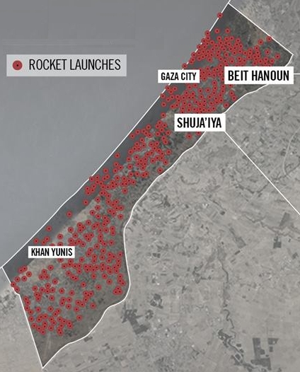Map showing rocket launches from Gaza between July 31, 2014 and August 7, 2014 (photo credit: IDF/Wikipedia) Map showing rocket launches from Gaza between July 31, 2014 and August 7, 2014 (photo credit: IDF/Wikipedia)