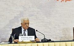 Palestinian Authority President Mahmoud Abbas at a donors conference in Cairo, Egypt, to help rebuild Gaza after the damage caused during Operation Protective Edge, Sunday, October 12, 2014. (photo credit: AP/Ahmed Foad, MENA)
