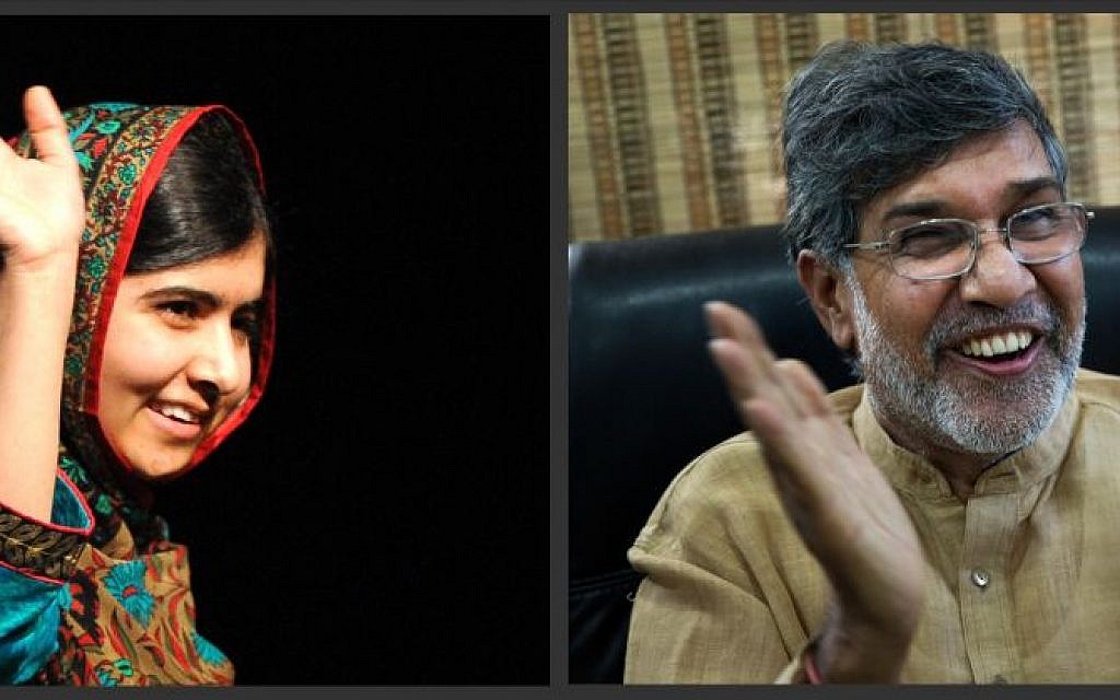 In this photo combo, Malala Yousafzai, left, and Kailash Satyarthi, address the media, on Friday, Oct. 10, 2014. Despite their many differences, 17-year-old Yousafzai and 60-year-old Satyarthi will be forever linked, co-winners of the 2014 Nobel Peace Prize, honored for risking their lives for the rights of children to education and to lives free of abuse. (photo credit: AP Photo/Rui Vieira, Bernat Armangue)