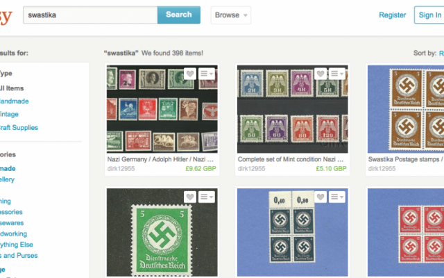 Stamps from Nazi Germany for sale on Etsy website (screen capture: Etsy.com)