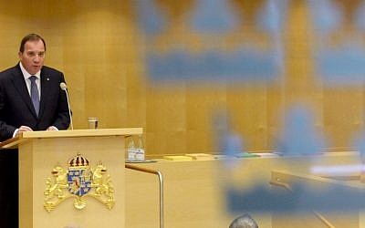 Sweden's new Prime Minister Stefan Lofven announces his new government in the Swedish Parliament in Stockholm Friday, Oct. 3, 2014. (photo credit: AP Photo/Jonas Ekstromer, TT News Agency)