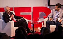 Guy Lerer of Tzinor Lailah interviews former president Shimon Peres at TEDxJaffa2014 on October 23 (photo credit: Arthur Fuhrer/TEDxJaffa)