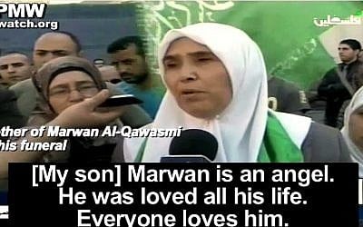 The mother of Marwan Kawasme interviewed on Palestinian television during her son's funeral. (screen capture: YouTube/palwatch)