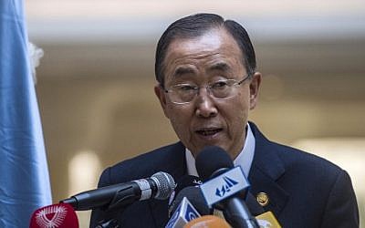 UN Secretary-General Ban Ki-moon speaks during a press conference at the Gaza donor conference in Cairo, Egypt, on October 12, 2014. (photo credit: AFP/Khaled Desouki)