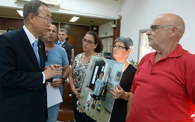 United Nations Secretary General Ban Ki-moon meets with residents from Kibbutz Nirim holding a picture of Daniel Tragerman on October 14, 2014. (Photo credit: Haim Zach/Flash90/GPO) United Nations Secretary General Ban Ki-moon meets with residents from Kibbutz Nirim, including the grandparents of Daniel Tragerman -- Paulina, his grandmother is holding a picture of Daniel -- on October 14, 2014. (Photo credit: Haim Zach/Flash90/GPO)