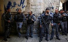 Illustrative photo of Israeli Border Police standing guard in Jerusalem's Old City, on Monday, October 13, 2014. (Hadas Parush/Flash90)