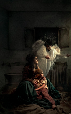Hagar and her son, Ishmael, who is actually a girl in this portrait, since the boy originally slated to model was having a hard behaving (Courtesy Michal Baratz Koren)