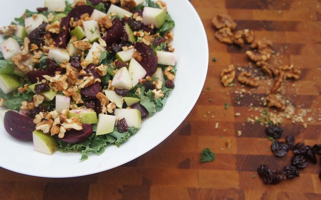 Chopped Kale Salad with Apple and Roasted Beets is satisfying and sweet in the sukkah. (Shannon Sarna/JTA) Chopped Kale Salad with Apple and Roasted Beets is satisfying and sweet in the sukkah. (Shannon Sarna/JTA)