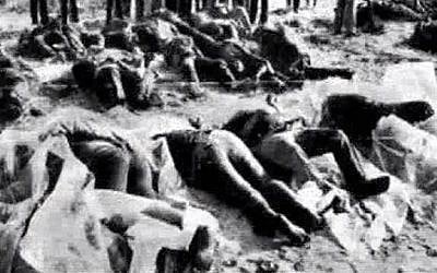 An undated photo of bodies of Arab Israelis killed in the Kafr Kassem massacre in 1956 (screen capture: YouTube) An undated photo of bodies of Arab Israelis killed in the Kafr Kassem massacre in 1956 (screen capture: YouTube)