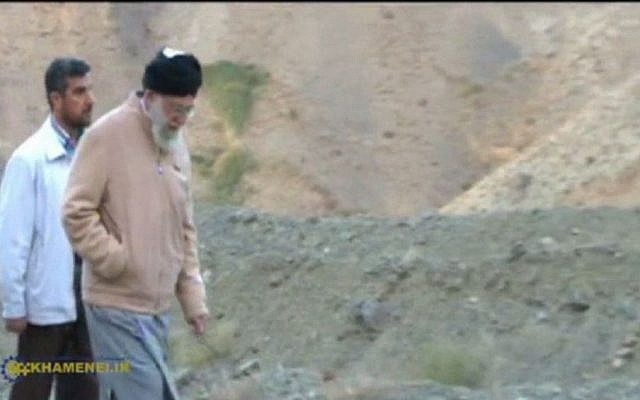 Iranian Supreme Leader Ali Khamenei on his post-surgery hike, October 2014 (Screen capture: AFP) Iranian Supreme Leader Ali Khamenei on his post-surgery hike, October 2014 (Screen capture: AFP)