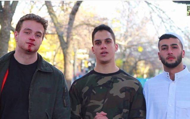 Omar Albach (center) with the two actors in his videotaped social experiment. (YouTube screenshot) Omar Albach (center) with the two actors in his videotaped social experiment. (YouTube screenshot)