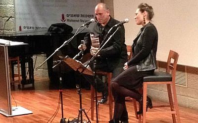 David Broza and Mira Awad sing about Ramallah and Tel Aviv, one of the songs on the singer/songwriter's latest album, 'East Jerusalem/West Jerusalem' (photo credit: Jessica Steinberg/Times of Israel)