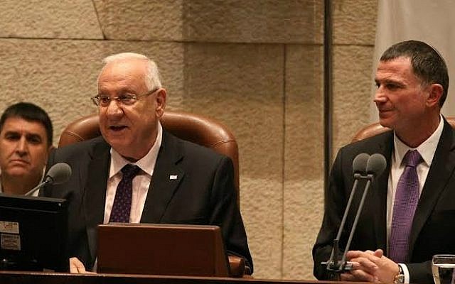 President Reuven Rivlin and Speaker of the Knesset Yuli Edelstein address the opening of Knesset's winter session on October 27, 2014. (photo credit: PMO/Hila Mizrahi)