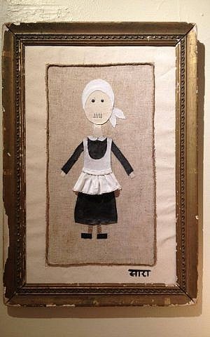 Sara Erenthal's 'Mea Shearim, The Mother.' Mixed media: canvas, linen, cottons, burlap, rope, acrylics, staples in antique frame 25" x 17.5" (courtesy)
