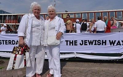Louise, left, and Martine Fokkens at the Amsterdam gay pride parade, Aug. 2, 2014. (Photo credit: Cnaan Liphshiz/JTA)