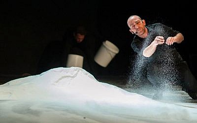 Mounds of salt make up the set of 'Salt of the Earth,' Hazira's media-rich play that will be performed at the Brooklyn Academy of Music this week (photo credit: Yair Meyuhas)