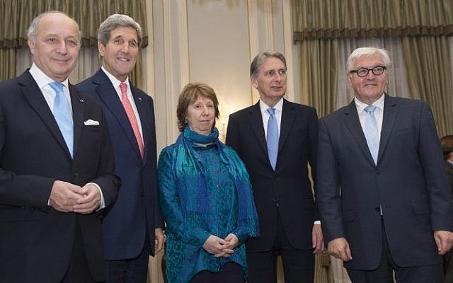 From left to right: French Foreign Minister Laurent Fabius, US Secretary of State John Kerry, former EU foreign policy chief Catherine Ashton, the High Representative of the Union for Foreign Affairs, Britain's Foreign Secretary Philip Hammond and German Foreign Minister Frank-Walter Steinmeier meet for the dinner at the residence of British ambassador in Vienna on November 23, 2014.  (Photo credit: AFP/POOL/ JOE KLAMAR)