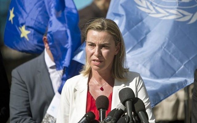 The European Union's new foreign affairs chief Federica Mogherini speaks as she visits the UN-run Bahrain boys school on November 8, 2014 in Gaza City. (AFP PHOTO/MAHMUD HAMS) The European Union's new foreign affairs chief Federica Mogherini speaks as she visits the UN-run Bahrain boys school on November 8, 2014 in Gaza City. (AFP PHOTO/MAHMUD HAMS)