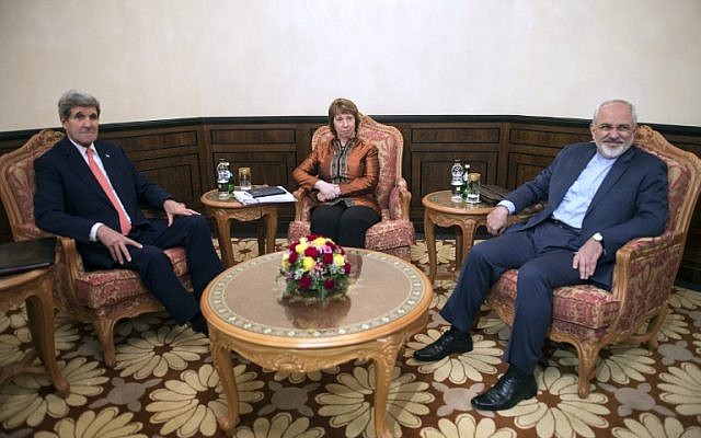 US Secretary of State John Kerry (L), former EU top diplomat Catherine Ashton (C) and Iranian Foreign Minister Javad Zarif (R) meet in Muscat on November 10, 2014. (photo credit: AFP PHOTO/POOL/Nicholas KAMM) US Secretary of State John Kerry (L), former EU top diplomat Catherine Ashton (C) and Iranian Foreign Minister Javad Zarif (R) meet in Muscat on November 10, 2014. (photo credit: AFP PHOTO/POOL/Nicholas KAMM)