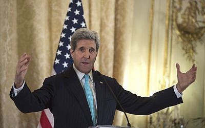 US Secretary of State John Kerry speaks to the press at the US ambassador's residence in Paris on November 5, 2014. (photo credit: AFP PHOTO/POOL / NICHOLAS KAMM)