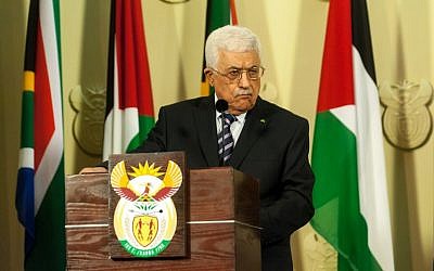 Palestinian leader Mahmoud Abbas gives a press conference following his meeting with South African president, on November 26, 2014, in Pretoria, as part of his first official visit to South Africa. (photo credit: AFP PHOTO/STEFAN HEUNIS)