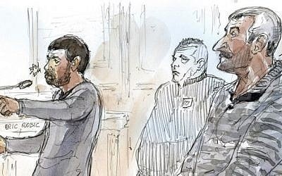A court sketch shows French defendants Eric Robic (L) and Claude Khayat (R) standing trial on November 27, 2014 at the courtroom in Paris on charges of a hit-and-run road accident in Tel Aviv that killed a young Israeli woman, Lee Zeitouni, a 25-year-old pilates instructor, and sparked outrage in Israel after the pair fled to France. (Photo credit: AFP/ BENOIT PEYRUCQ)