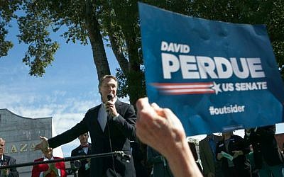 Georgia Senate candidate David Perdue addresses the audience gathered at the McDonough Square as he makes a campaign stop with Senator Rand Paul and retiring senator Johnny Isakson on October 24, 2014 in McDonough, Georgia. (photo credit: Jessica McGowan/ Getty Images North America/AFP)