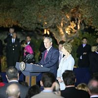 US President George W. Bush and First Lady Laura Bush at the Israel Museum in Jerusalem in 2008, for a welcoming ceremony of the US embassy. (photo credit: Yossi Zamir/Flash 90)