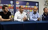 Martin Bain (2nd from left), CEO of Maccabi Tel Aviv Football Club speaks during a press conference in Tel Aviv on November 4, 2014. (photo credit: Flash90)