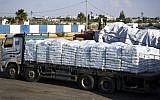 Truck at the Kerem Shalom Crossing in Rafah, southern Gaza Strip, on Nov. 5, 2014 (photo credit: Abed Rahim Khatib/Flash90)