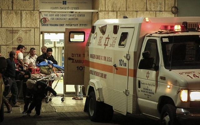 Israeli soldiers are evacuated at the Hadassah Ein Kerem hospital in Jerusalem after being run over by a Palestinian driver near the West Bank village of Al-Aroub close to the Gush Etzion Junction south of Jerusalem. (Photo credit: Hadas Parush/Flash90) Israeli soldiers are evacuated at the Hadassah Ein Kerem hospital in Jerusalem after being run over by a Palestinian driver near the West Bank village of Al-Aroub close to the Gush Etzion Junction south of Jerusalem. (Photo credit: Hadas Parush/Flash90)