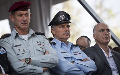 IDF Chief of Staff Benny Gantz , left,  police chief Yohanan Danino, center, and Shin Bet head Yoram Cohen at a memorial service marking 19 years since the assassination of Yitzhak Rabin in Jerusalem on November 05, 2014. (Photo credit: Miriam Alster/Flash90)